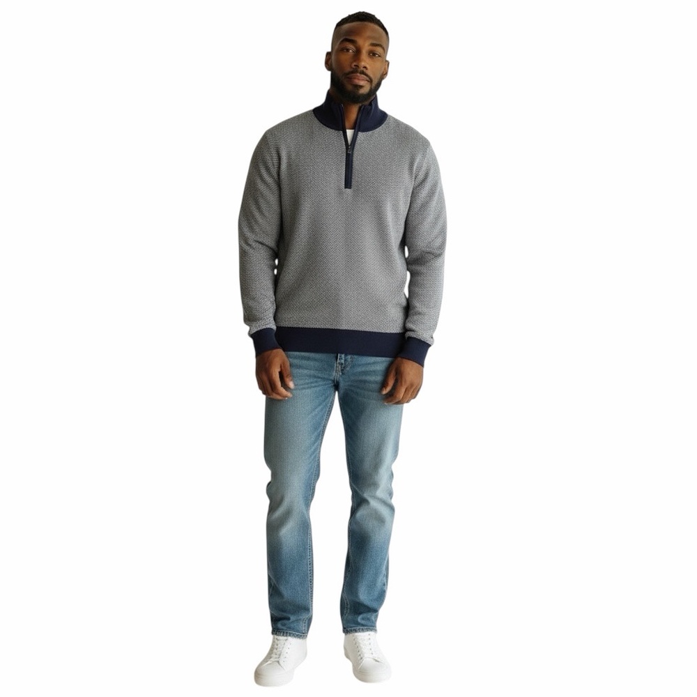NWT J.Crew Men’s Cotton Herringbone Quarter‎ Zip Sweater Navy Gray Size M
